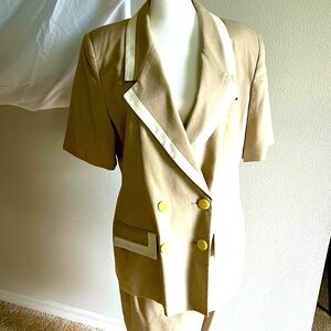 Oleg Cassini: NEW Fully Lined Tan skirt Set, short sleeve, off white trim Sz 14.